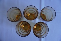 Hazel Atlas Waterfall gold Saturn optic pitcher + 5 highball glass tumblers