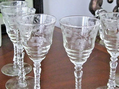 Set of 6 Libbey Rock Sharpe Cut Crystal Floral No 3005-4 Wine Glasses 6 7/8″