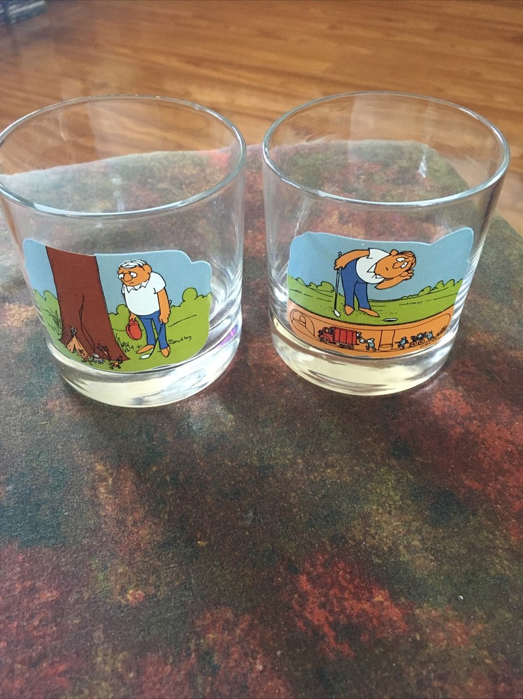 Vintage Ashby Whiskey Glass Set Comical Golf Cartoon Lowball Tumblers Lot of 2