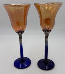 Pair Of Signed Rick Strini Art Glass Tulip Wine Goblets Iridescent & Cobalt Blue