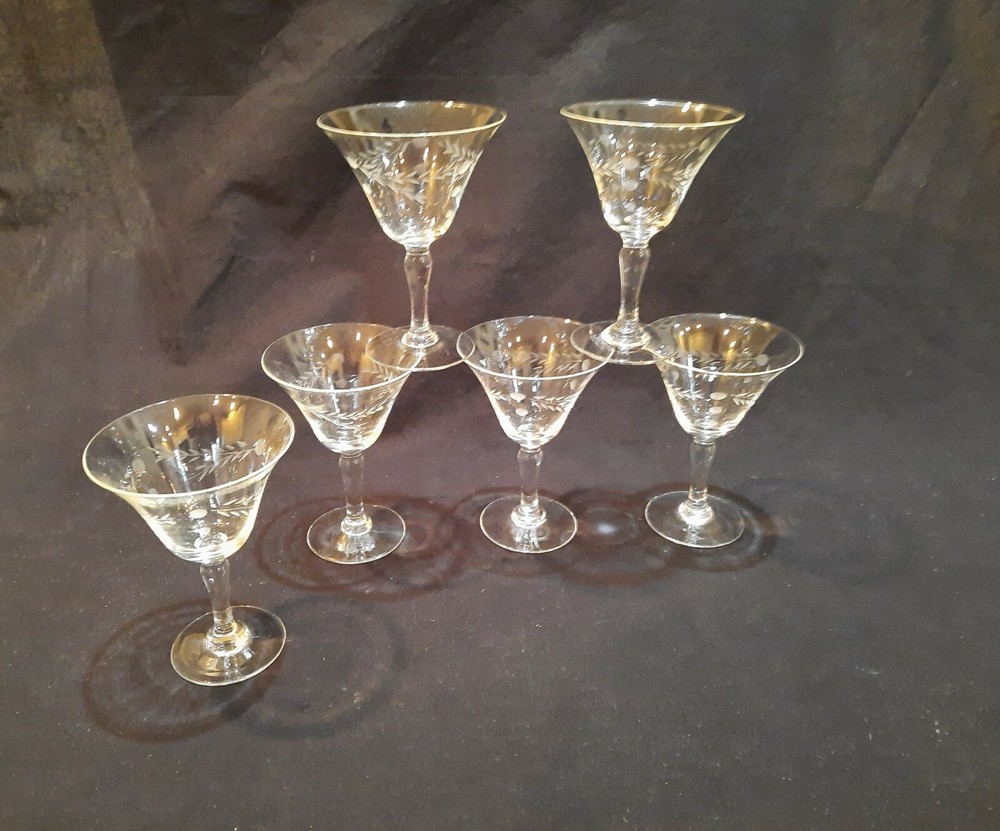 Lot of 6 Elegant Wheel Cut Stemware Etched Draped Leaves and Dots Vintage