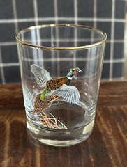 Vintage Mid Century Flying Pheasant Gold Rim Old Fashioned Rocks Glass 4x 3 1/8”
