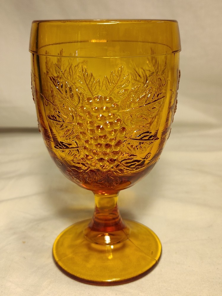 LE Smith Amber Glass Goblet Relief Vine And Grapes Scarce