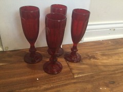 RARE htf red paneled flutes 8» set of 7 Duratuff? Hocking? red glass Xmass
