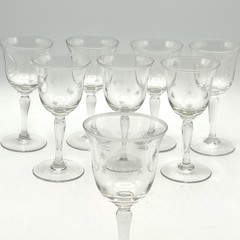 8 Vintage 1950s MCM Atomic Starburst Cordial Sherry Etched Clear Glass