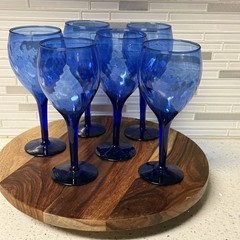 Cobalt Blue Stemmed Swirl Teardrop Wine Glass 7 Inch Wine Glass Set Of Six