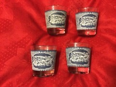 Currier & Ives Blue and White Old Fashioned Carriage Set of 4—6 oz. 3 1/4″ tall