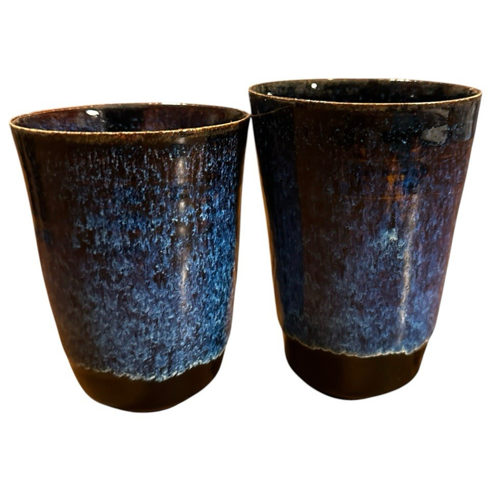 Set of 2 Blue Black Ceramic Art Pottery Tumblers Round Drinking Cups