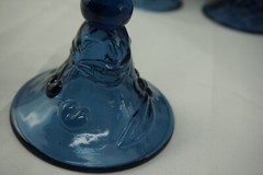 4-Blue Glass Water Goblets or Iced Tea Glasses w/ Bell Bottoms, 7 3/8″ (B21)