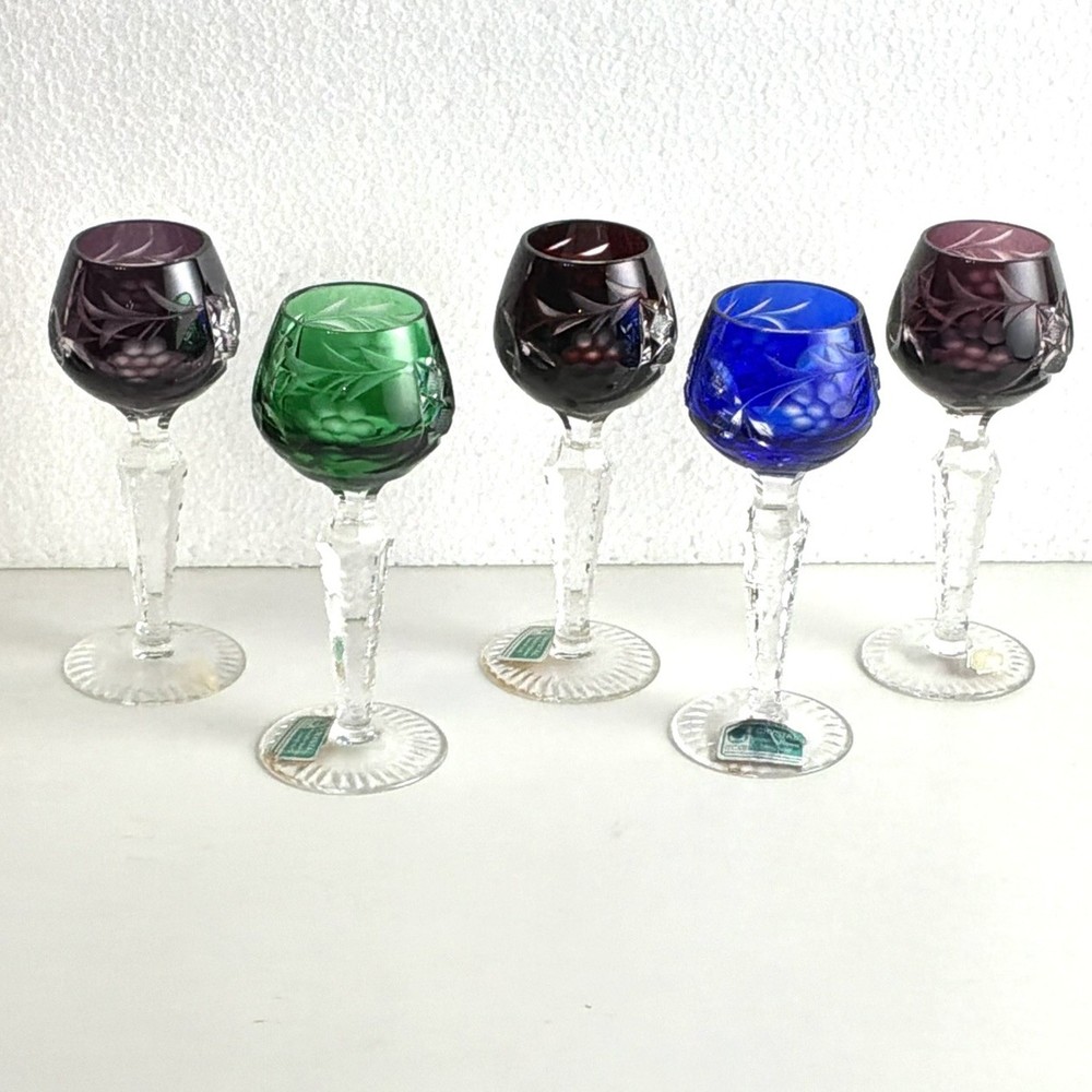 Lausitzer Multicolor Cut to Clear Grapes & Criss Cross Cordial Set Of 5 Glasses