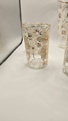 VTG 1 Pitcher 6 Glasses White Cherry Blossom Gold Trim Tree Branches Hand Blown
