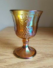 Amber Carnival Glass Water Goblet Indiana Glass Marigold Harvest Grape Pedestal