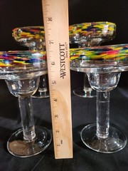 Set/4 Art Glass Margarita Glasses Clear w/ Multicolor Confetti Rim 7″ 4.5″