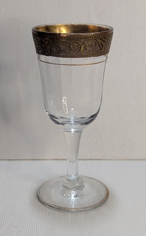 Tiffin Franciscan Minton Clear Cordial Glass Golden Metal Relief Trim Fading