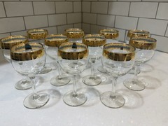 Set of 11 Vintage Wine Glasses Antique Gold & Turquoise Rimmed Barware – Crystal