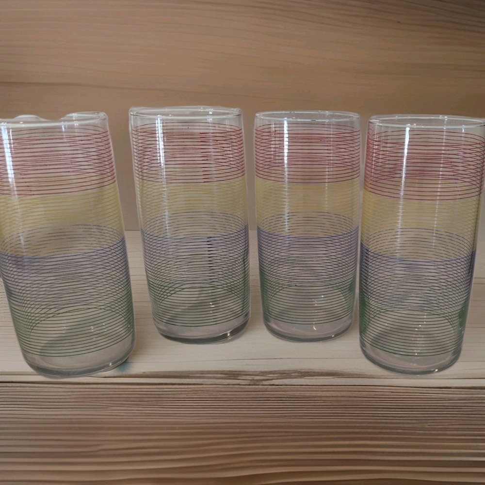 Lot Of 4 Vintage Anchor Hocking Rainbow Striped Drinking Glasses