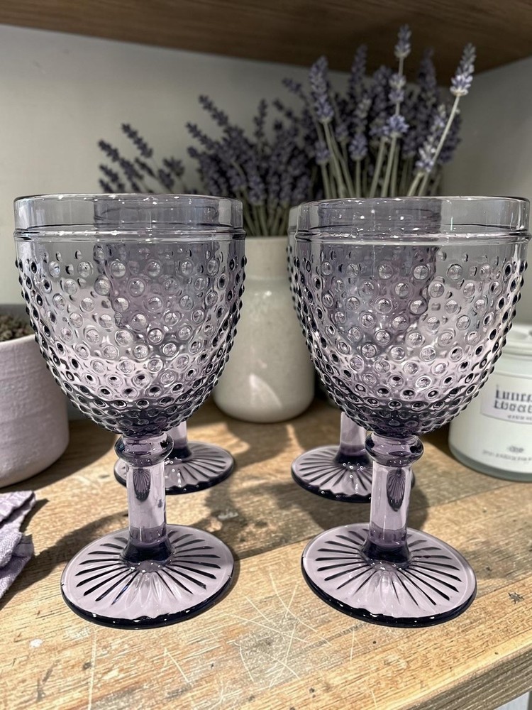 Set of 4 Vintage Lilac Hobnail Water Goblets Purple Bubble Glass Wine Glasses