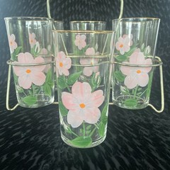 6 Vintage Federal MCM Glasses & Carrier Hand Painted Pink Flowers Tumblers