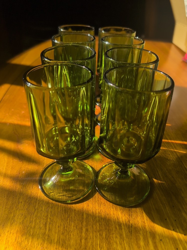 8 INDIANA Colony Nouveau Footed Glass 6 Oz. Avocado Green Footed Wine Goblet MCM