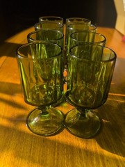 8 INDIANA Colony Nouveau Footed Glass 6 Oz. Avocado Green Footed Wine Goblet MCM
