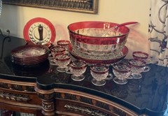 Vintage Whitehall Ruby Red Glass Punchbowl 8 Cups Serving Bowl And 6 Plates