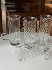 4 Optique Glass Irish Coffee Mugs By Essentials, Curled Handle EUC 5.75” Tall