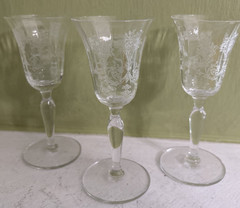 3 Vintage clear etched crystal stemmed H. 4.25″ cordial glasses capacity 1 oz