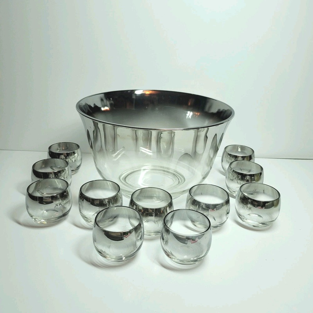 Vintage Vitreon Queens Lusterware Punch Bowl Set Silver Fade S. Sigety Roly Poly