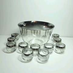 Vintage Vitreon Queens Lusterware Punch Bowl Set Silver Fade S. Sigety Roly Poly