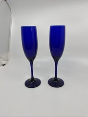 Vintage Libbey Cobalt Blue Glass Champagne Flutes Barware, 9” Tall, Set of 2