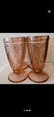 VTG Pink Indiana Glass Pressed Tiara Pattern Sandwich Footed Water Goblet (4)