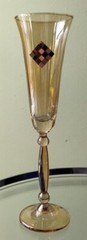 Set (2) FRANCO Creazioni Amber Crystal Champagne Glasses w/ Gold Tiles (Italy)