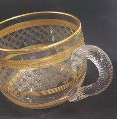 Antique Moser Style Crystal Punch Cup Etched Swirl and Fish Scale Gilt Ribbed