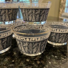 Vtg Set 8 JEANNETTE GLASS Corinthian Blue Greek Roman Whisky Tumbler Wedgewood