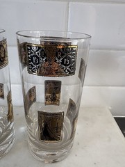 Vintage Mid-Century Black & Gold Coin Drinking Glasses set of 2