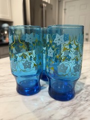 Lot Pat Au Style Turquoise Glass Tumbler Blue Yellow Floral Flower Vine Design