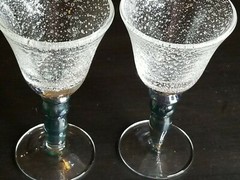 Forced Bubble Wine Goblets-Blue Green Iridescent Stem-Set of (2) 7 1/4″ Tall