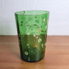 Antique Green Enameled Art Glass Tumbler Victorian Bohemian Gold Floral Design