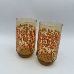 Pair Of Mid-Century Modern Amber Juice Glassware with floral pattern MCM