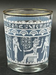 7 Vtg Hazel Atlas Blue & White Egyptian Hieroglyphs 3.5″ Low Highball Glasses