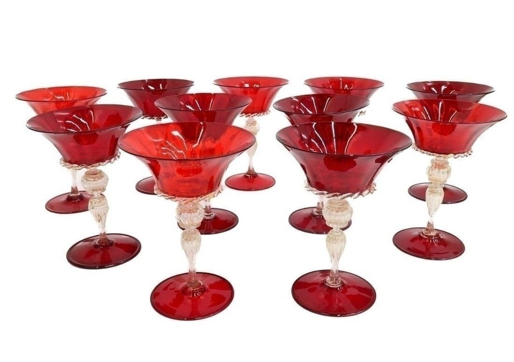 11 Cranberry Red and Gold Fleck Venetian Wine Glass Goblets