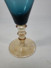 Vintage MCM Smoky Blue Glass Goblet Amber Stepped Ribbed Stem 2-Tone Wine Glass