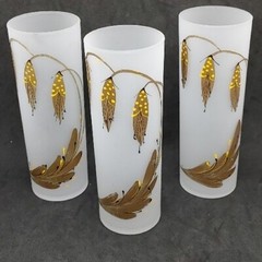 Vtg Set 3 MCM Frosted Hand painted Toms Collins Glasses Tumblers Gold Yellow HTF