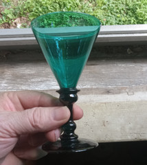 1800s FREE BLOWN PONTILED WINE GLASS PRETTY TEAL BLUE COLOR DOUBLE KNOB STEM