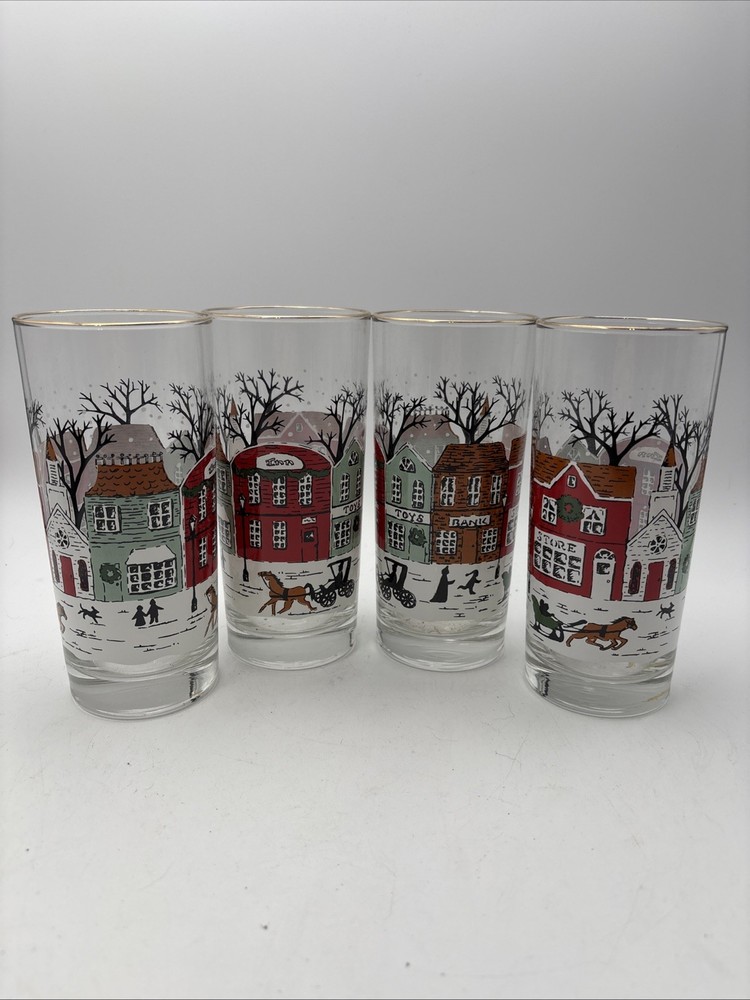 SET OF 4 LIBBEY WINTER VILLAGE SNOW SCENE GLASS TUMBLERS Gold Trim 6.25” EUC