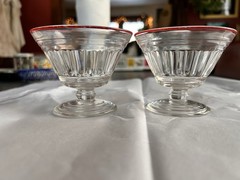 Two Vintage Hazel Atlas Wheel Spoke Red Rimmed Dessert Glasses