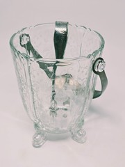 Heisey Vintage Orchid Crystal Dolphin Footed Ice Bucket w Handle & Tongs 6 3/4″