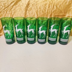 Hazel Atlas Green Gazelle Collins Glasses Set of 7 Vintage MCM Highball Barware
