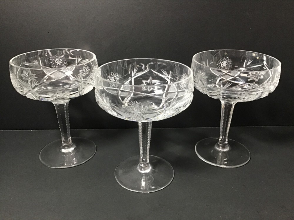 Crystal Etched with Stars & Fans Sherbet/Champagne Glasses Set of 3