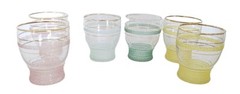 Vintage Sugar Frosted Juice Glasses With Gold Rimmed Trim Pink Yellow Blue/Green